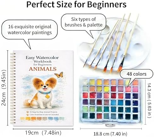 Watercolor Workbook for Beginners – Animals, 16 Original Watercolor Projects, Watercolor Kit with 48 Colors Paint Set, 6 Brushes & Palette,Watercolor Workbook for Adults, Creative Art Gift - Image 2