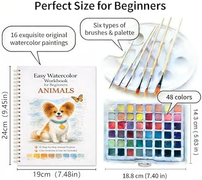 Watercolor Workbook for Beginners – Animals, 16 Original Watercolor Projects, Watercolor Kit with 48 Colors Paint Set, 6 Brushes & Palette,Watercolor Workbook for Adults, Creative Art Gift - Image 2