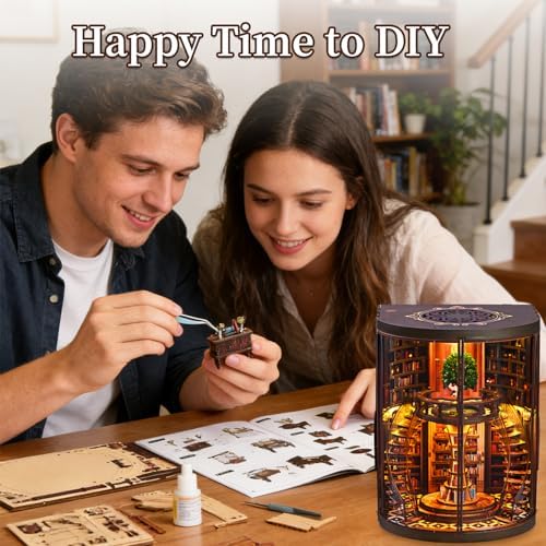 Book Nook Kit for Adult-3D Wooden Puzzles Miniature Library Bookshelf Insert Bookend Decor，Adult Miniature Model with LED Light and Dust Cover, Touch Switch, Adult Craft Kits Gift - Image 6