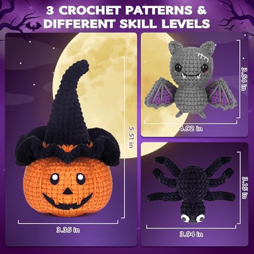 Crochetta Crochet Kit for Beginners, Halloween Decorations, Pumpkin Spider Bat Crochet Animal Kit for Adults and Kids with Step-by-Step Video Tutorials, DIY Knitting(40%+ Yarn) - Image 5