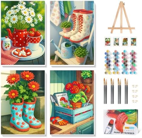 Camocin 4 Pack Framed Paint by Numbers Kit for Adults with Wooden Easel by CamocinDIYKit