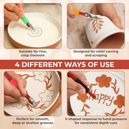 Lanties 4 Pcs Pottery Carving Tool Set Sculpture Scraper Craft Modelling Tools Red Pear Wood Texture Handle with Stainless Steel Blade for Clay Carving, Ceramic Sculpting, Graffito (Novel Color) - Image 5