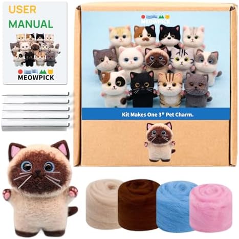 MeowPick Needle Felting Kit, Wool Felting Kit for Beginners Adults, 3 Inch Cute Cat Needle Felting Tools Set, Complete Felting Supplies, DIY Craft for Keychain Car Ornament Gift (Chocolate) by MEOWPICK
