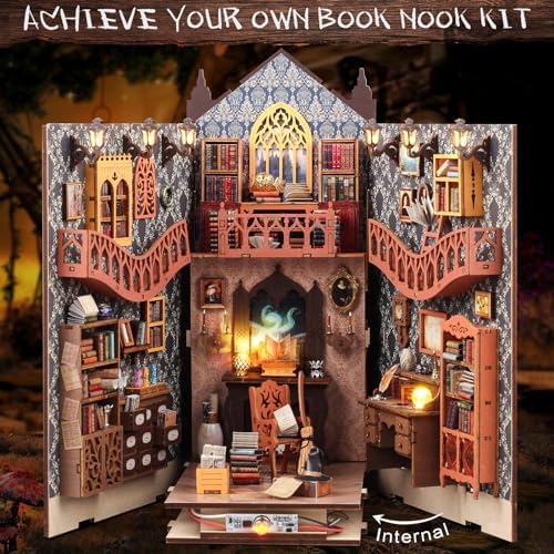 DIY Book Nook Kit: 3D Wooden Puzzle Shelf Insert with LED Light - Miniature Dollhouse Bookend Decor for Adults and Teens - Creative Gift - Image 6