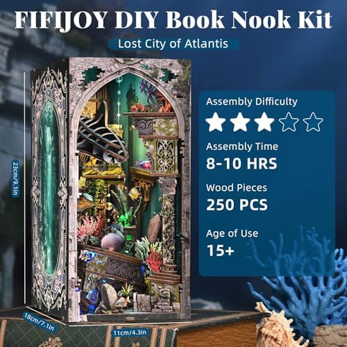fifijoy Book Nook Kit - DIY Miniature Dollhouse for Adults and Teens, Creative Bookshelf Decor 3D Wooden Puzzle Bookend with LED Light, Unique Gift for Family and Friends (Lost City of Atlantis) - Image 4