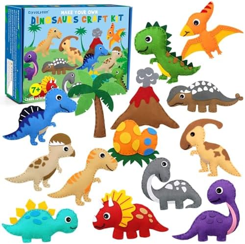 CiyvoLyeen Dinosaur Sewing Craft Kit DIY Kids Craft and Sew Set for Girls and Boys Educational Beginners Sewing Stuffed Animal Felt Plush Ornaments Set of 14 Sewing Kits for Kids Age 8 9 10 11 12 by CiyvoLyeen