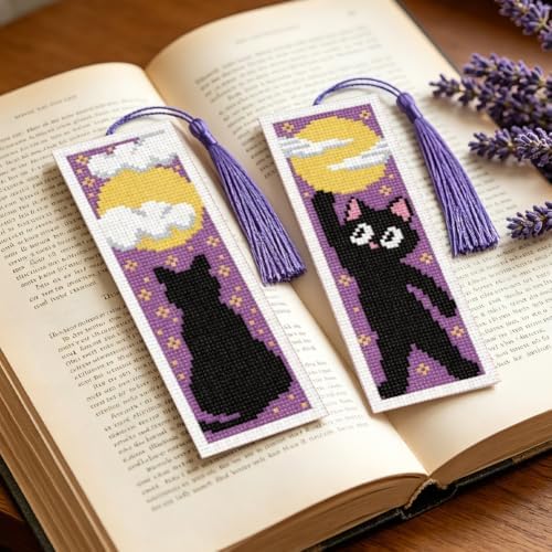 ACRNIGHEET 6PCS Cross Stitch Bookmark Kit for Beginner Stamped Cross Stitch Kits for Adults Cute Cat & Moon DIY Tassel Embroidery Bookmark Kits Needlepoint Kit with Instructions Gift 8.5''x3'' 11CT - Image 5