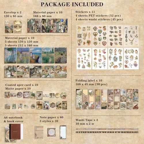 BoomTeck Vintage Aesthetic Scrapbooking Supplies, Bullet Junk Journal Kits with Scrapbook Paper, Washi Stickers, A6 Grid Notebook - DIY Craft Journaling Gift for Teen Girl Adult (Art Guide) - Image 6