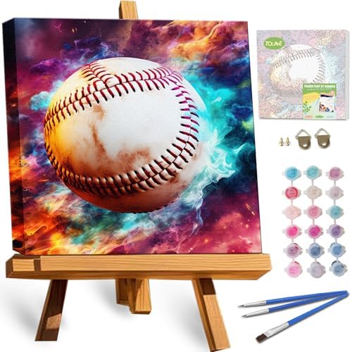 TOCARE Framed Paint by Numbers Kit for Adults Beginners& Kids Ages 8-12, 12x12inch Baseball Paint by Number with Frame,Cartoon Sports Baseball Paint by Numbers Framed Canvas (Without Easel) by TOCAREDirect