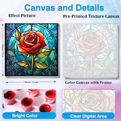 Artunion Framed Paint by Numbers Kit for Adults Beginners & Kids Ages 8-12,Red Rose Flower Paint by Number with Frame, Stained Glass Paint by Numbers Kit on Canvas 10 * 10 Inch Without Easel - Image 3
