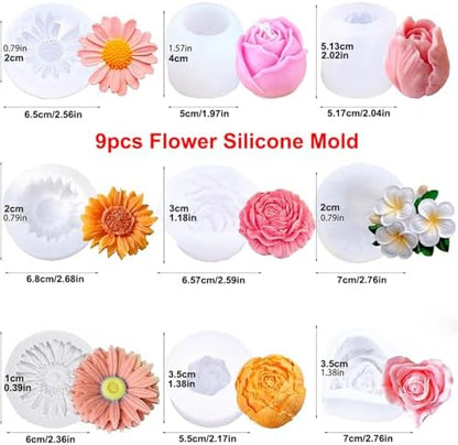 9Pcs Flower Silicone Molds for Candle Making 3D Sunflower Rose Peony Daisy Shape Silicone Soap Molds for DIY Home Decor Handmade Gift (9PCS Flower Mold Set) - Image 2
