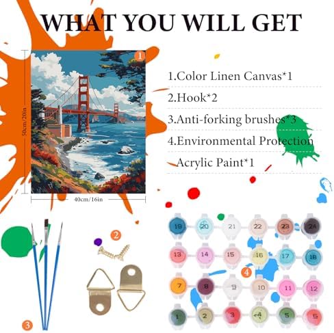 Paint by Numbers Kit for Adults Beginner 16x20 Inch, Golden Gate Bridge - Image 4