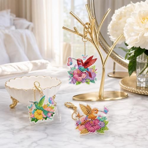 15 pcs Summer Theme Diamond Art Keychain Ornaments Double Sided 5D DIY Diamond Painting Keychain Kits for Adults Key Ring Art Pendant Decor (Hummingbird) - Image 5