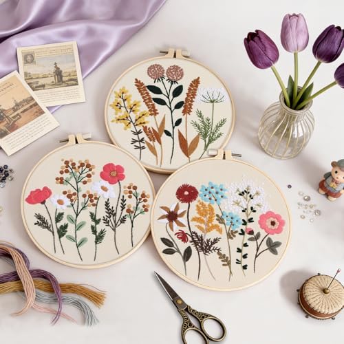 3 Sets Embroidery Kit, Cross Stitch Kits for Beginners, Needlepoint Kits for Adults with Floral Patterns, Hoop, Needles, Threads and Tools, Colorful Threads, Easy to Learn Step-by-Step Guide & Video - Image 5