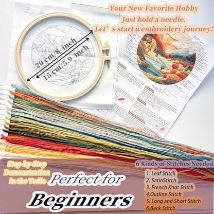 FONNUY Embroidery Kit for Beginners, Brightly Colored Landscape Lake Pre-Stamped Pattern Kits for Adults with Hoop, Easy to Follow Color Thread Needlework, 8'' Hoop (Lightblue) - Image 5