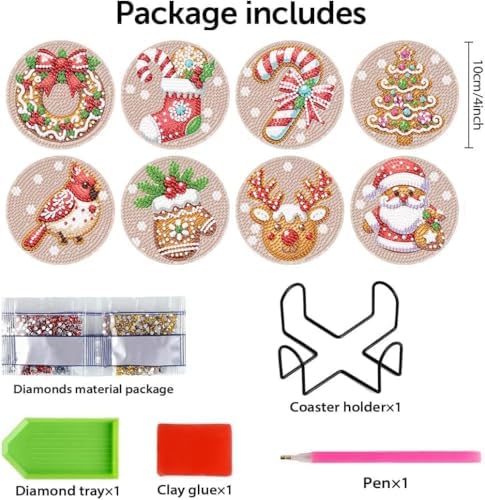 8 Pcs Diamond Art Coasters for Adults, 5D Diamond Painting Coasters Kit with Holder, Easy Christmas Diamond Painting for Beginners, DIY Gem Arts and Crafts Coasters Supplies for Home and Holiday Decor - Image 6