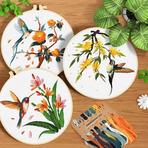 ERKOON 3 Sets Embroidery Kit, Hummingbird Cross Stitch Set for Include Embroidery Cloth Hoops Threads for Craft Lover Hand Stitch (Hummingbird) - Image 2