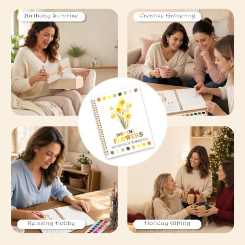 Easy Flowers Watercolor Workbook, Water Coloring Book, 12 Patterns, 18 Colors Watercolor Paint Set, Watercolor Kit for Beginners, Stress Relieving, DIY Art Kit for Adults Women Teen (Floral) - Image 7