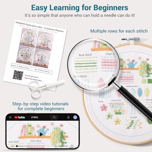 VIVIDOX 4 Sets Embroidery Kit for Beginners Adults, 35 Stitches Practice Kits Cross Stitch for Starter, DIY Hand Craft with Stamped Pattern, Bamboo Hoop, Threads, Needles, Scissors, Tools, Instruction - Image 5