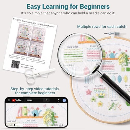 VIVIDOX 4 Sets Embroidery Kit for Beginners Adults, 35 Stitches Practice Kits Cross Stitch for Starter, DIY Hand Craft with Stamped Pattern, Bamboo Hoop, Threads, Needles, Scissors, Tools, Instruction - Image 5