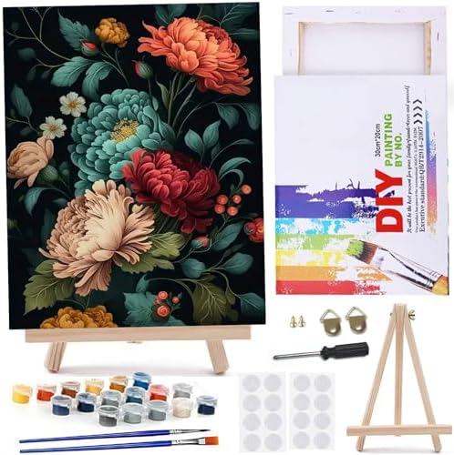MaiMMaledy Paint by Numbers Kit for Adults Beginners Canvas Pictures with Framed Drawing Painting Acrylic Pigment with Wooden Triangle Easel Peony Flower 8Lx12W inch by MaiMMaledy
