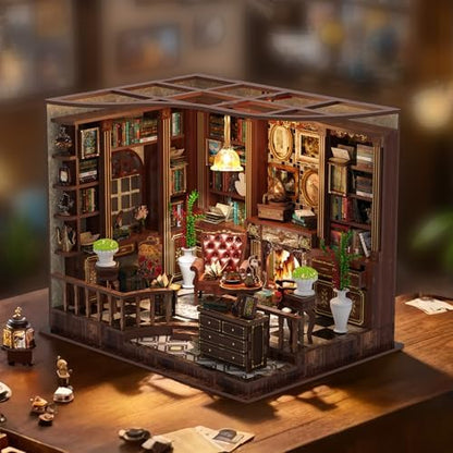 Parisian Library Book Nook DIY Kit - 3D Wooden Study Model with Touch-Sensor LED Light, Vintage Bookshelf Decor for Adults - Image 5