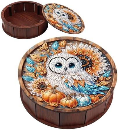 antor DIY Diamond Painting Wooden Storage Box with Owl, Sunflowers and Pumpkins, Handmade Crystal Diamond Art Craft Container for Snacks, Jewelry, Keepsakes, Perfect for Autumn Desktop Decor by antor