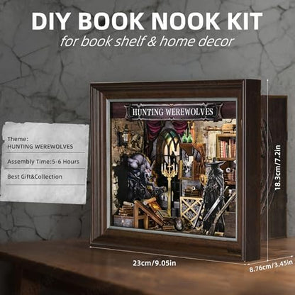Book Nook Kit-3D Wooden Puzzle with LED Touch Control & Wall-Mountable Frame,DIY Miniature House for Beginners,Bookshelf/Tabletop/Wall Decor for Craft Lovers,Dollhouse Gift,Hunting Werewolves - Image 3