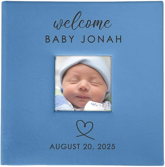 Personalized Photo Album, Custom Engraved Picture Album, Holds 200 4" x 6" Photos, Leatherette and Laser Engraved Scrapbook, Welcome Baby, Blue