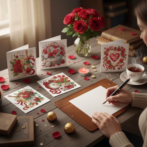 jinglinhh 12pcs Valentine's Day Diamond Art Painting Rose Flower Candle Tulip Coffee Greeting Cards with Envelopes, DIY Card Making Kits for Adults, Diamond Art Birthday Holiday Cards Gifts - Image 7