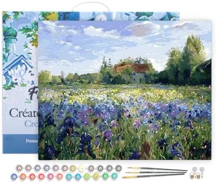 Figured'Art Paint by Numbers for Adults with Frame Countryside Field and Blue Flowers 16"x20" - Craft Art Painting DIY Kit Canvas Already Stretched on a Wooden Frame by FiguredArt