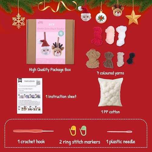 HOUSE CREATIVITY Christmas Crochet Kit for Beginners – Make Santa Claus & Reindeer Ornaments, Amigurumi Crochet Starter Kit with Video Tutorial, Yarn & Hook, DIY Holiday Tree Decor Gift - Image 4