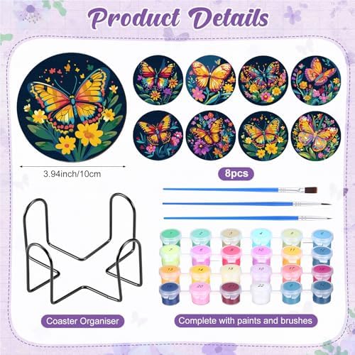 Reallnaive 8 Pcs Butterfly Flower Paint by Numbers Kit Coaster for Adults - Image 4