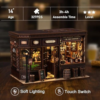 Corner Tavern Book Nook Kits for Adults - DIY Miniature Doll House Kit with LED Lights, 3D Wooden Puzzles, Teens & Beginners, Unique Gift for Book Nooks Lovers, Bookshelf Decor - Image 2