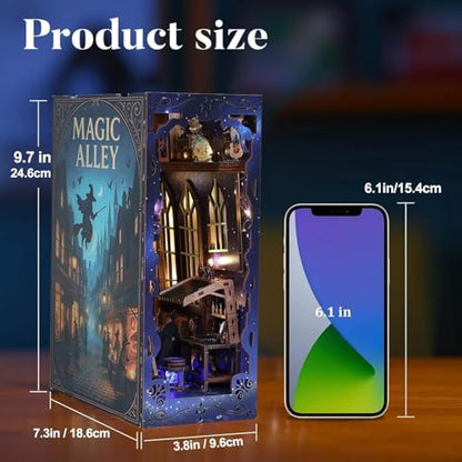 Magic Alley Book Nook Kit - DIY Miniature House Kit for Adults, Teens and Beginners, Magic Miniature Diorama with LED Light, 3D Wooden Puzzle Bookend Bookshelf Insert Decor, Gifts for Fantasy Lovers - Image 2
