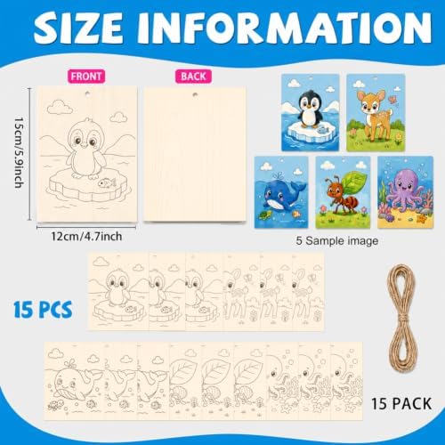 15 Pcs Unfinished Wood Crafts to Paint for Adults, 5.9x4.7 Inch Animal Paintable Wood Slices Craft Supplies with Ropes, Bulk Predrilled Wooden Ornaments for DIY Painting Craft Decor - Image 2