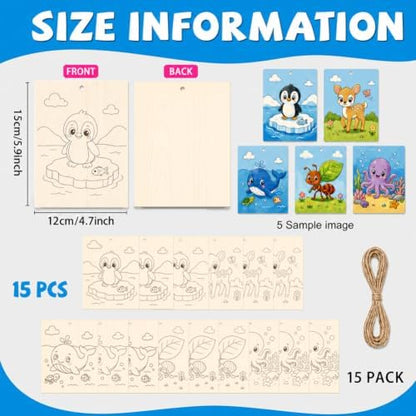 15 Pcs Unfinished Wood Crafts to Paint for Adults, 5.9x4.7 Inch Animal Paintable Wood Slices Craft Supplies with Ropes, Bulk Predrilled Wooden Ornaments for DIY Painting Craft Decor - Image 2