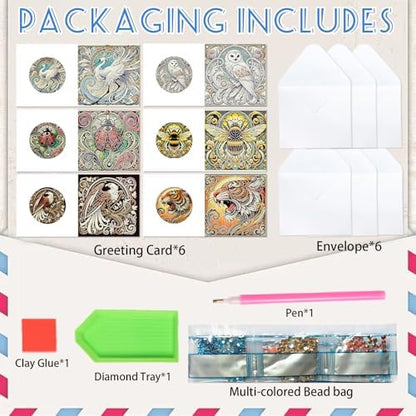 6 Pack Animal Diamond Art Greeting Cards with Envelopes, DIY 5D Diamond Painting Card Kit Featuring Phoenix Owl Bee Eagle Ladybug and Tiger, Handmade Rhinestone Craft Cards for Birthday and Holiday - Image 3