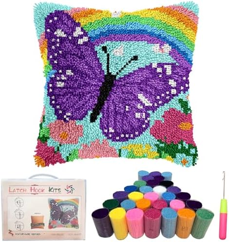 DIY Latch Hook Kit,17''x17'' Butterfly Rainbow Throw Pillow Case Craft Set Handmade Gift for Adults Beginners,Complete Pre-Printed Latch Hook Rug Kits Cross Stitch Pillow Cover for Home Sofa Decor by Unknown