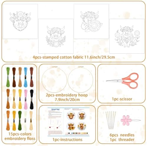 BEUNITONE 4pcs Embroidery Kit, Highland Cow & Sunflowers Stamped Embroidery Kits with Hoop, Thread & Needles, Colorful Cross Stitch Kits Sewing Gifts for Adults and Beginners, DIY Craft for Relaxation - Image 2