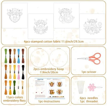 BEUNITONE 4pcs Embroidery Kit, Highland Cow & Sunflowers Stamped Embroidery Kits with Hoop, Thread & Needles, Colorful Cross Stitch Kits Sewing Gifts for Adults and Beginners, DIY Craft for Relaxation - Image 2