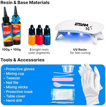 ESAM Group UV Resin Jewelry Making Kit for Kids, Teens & Beginners – Complete Starter Set with UV Lamp, 6 Silicone Molds, 48 Glitter, 3 Pigments, Jewelry Findings, Dried Flowers & Tools (Deluxe kit) - Image 3