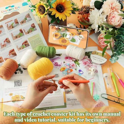 LOMOHOO Crochet Kit for Beginners, 5PCS Crochet Coasters Kit, Sunflower Potted Plant Crochet Kit with Crochet Hook, Colorful Yarn, Stitch Marker, Instruction, Craft Lover DIY Material Tools(Sunflower) - Image 6