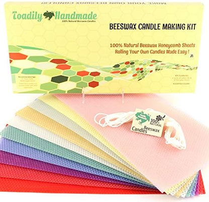 Beeswax Candle Making Kit with 10 Full Size (16" x 8") Honeycomb Beeswax Sheets in Assorted Colors and 18 Feet of Cotton Wick - Candle Making Supplies for DIY Craft Kit Made in USA by ToadilyHandmadeBeeswaxCandles