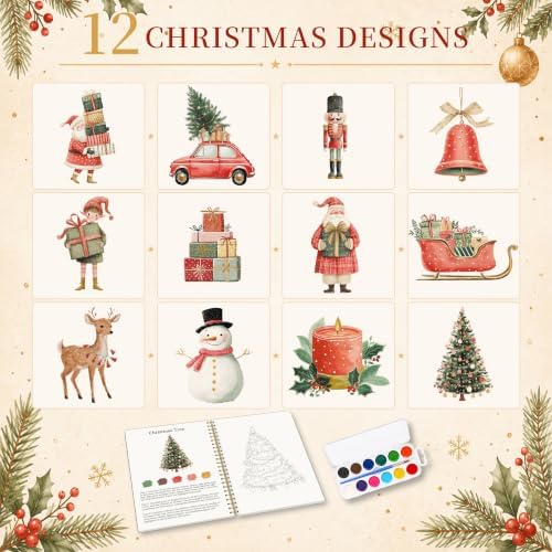 Christmas Gift, Christmas Watercolor Workbook, 12 Different Xmas Patterns Original DIY Designs, Water Coloring Book Set with Palette and Brush, Xmas Watercolor Book Gift for Beginners Girls Boys - Image 4