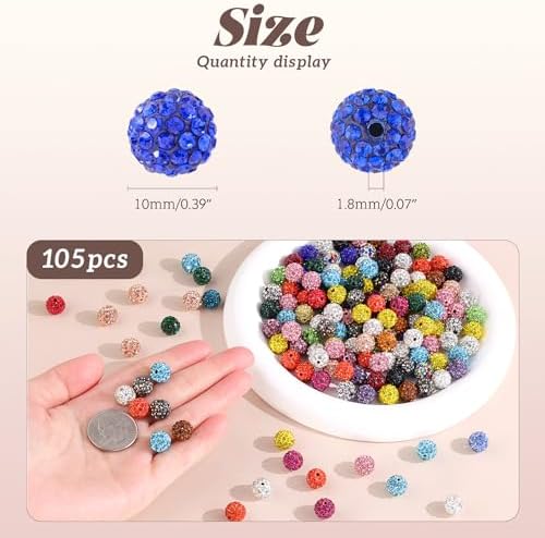 105pcs 10mm Rhinestone Beads for Jewelry Making, White Shiny Round Disco Ball Beads Bulk, Sparkle Crystal Clay Christmas Bead for Bracelet Baseball Necklace Earring Crafting and DIY - Image 4