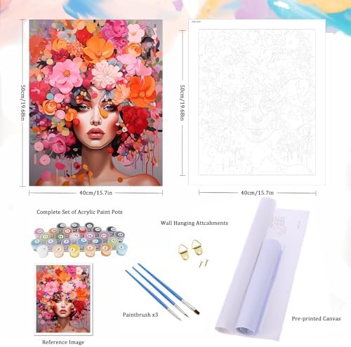 Natuyalo Paint by Numbers Kit for Adults Beginners and Kids, 16" Wx20 L Canvas Pictures Drawing Acrylic Paintwork with 3 Pcs Paintbrushes, Beautiful Women with Flowered Headdresses - Image 5