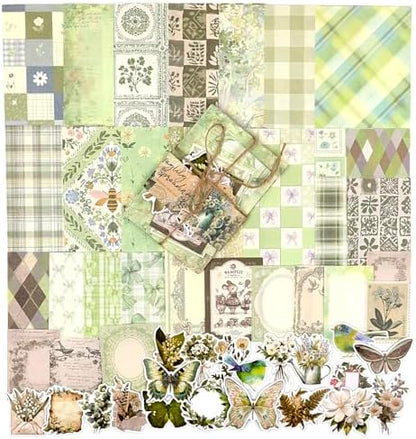 OKUPAN Scrapbook Supplies Kit – 100PCS Vintage Cottagecore Floral Scrapbook Paper & Stickers, 4 Sizes Pastoral Scrapbooking Supplies for Journaling, Card Making & DIY Gifts (Green) by DecorateYourWorld
