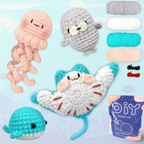 YAMAXIN Crochet Kit for Beginners – Ocean Animal Amigurumi DIY Yarn Kit with Step-by-Step Instructions, Tools & Soft Yarn – 4 Pack Crochet Kit Gift for Adults - Image 6