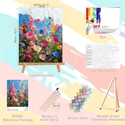 Flower Paint by Numbers for Adults with Framed Canvas - with Wooden Easel - Image 2